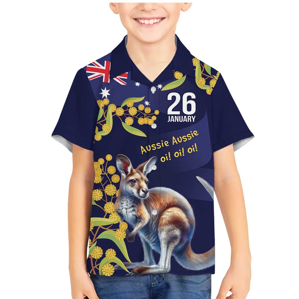 Blue Kangaroo and Golden Wattle Personalised Family Matching Mermaid Dress and Hawaiian Shirt Happy Australia Day 6 January