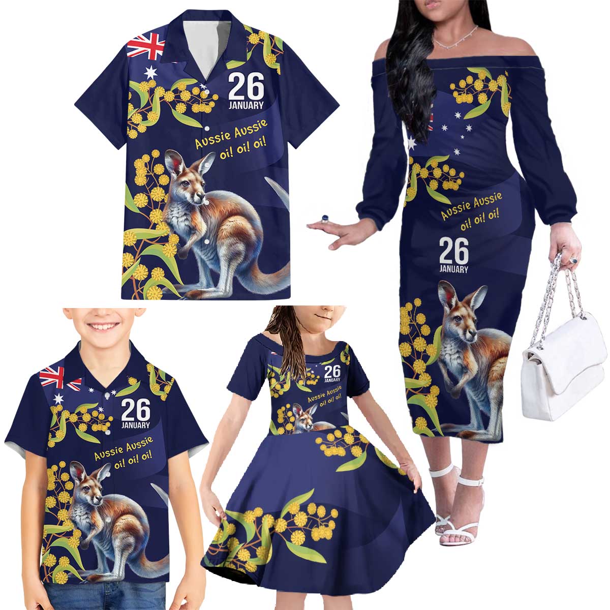 Blue Kangaroo and Golden Wattle Personalised Family Matching Off The Shoulder Long Sleeve Dress and Hawaiian Shirt Happy Australia Day 6 January