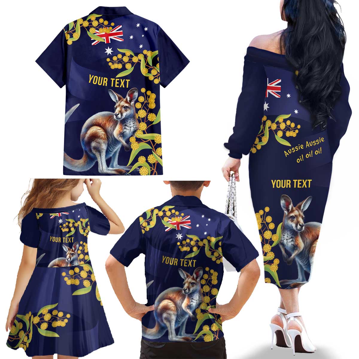 Blue Kangaroo and Golden Wattle Personalised Family Matching Off The Shoulder Long Sleeve Dress and Hawaiian Shirt Happy Australia Day 6 January