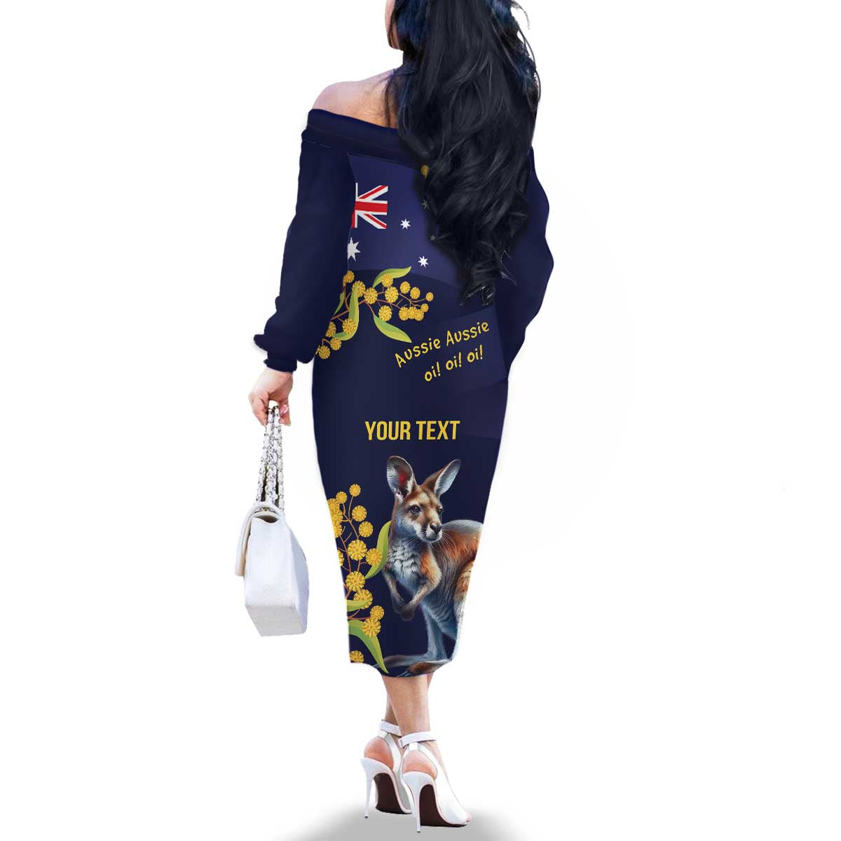 Blue Kangaroo and Golden Wattle Personalised Family Matching Off The Shoulder Long Sleeve Dress and Hawaiian Shirt Happy Australia Day 6 January