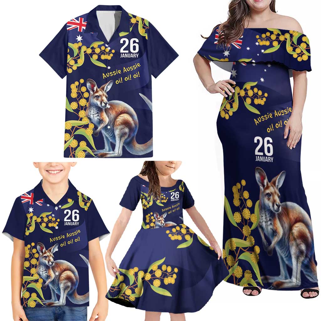 Blue Kangaroo and Golden Wattle Personalised Family Matching Off Shoulder Maxi Dress and Hawaiian Shirt Happy Australia Day 6 January