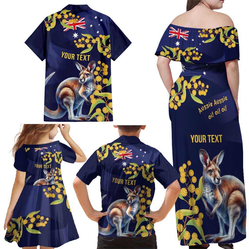 Blue Kangaroo and Golden Wattle Personalised Family Matching Off Shoulder Maxi Dress and Hawaiian Shirt Happy Australia Day 6 January