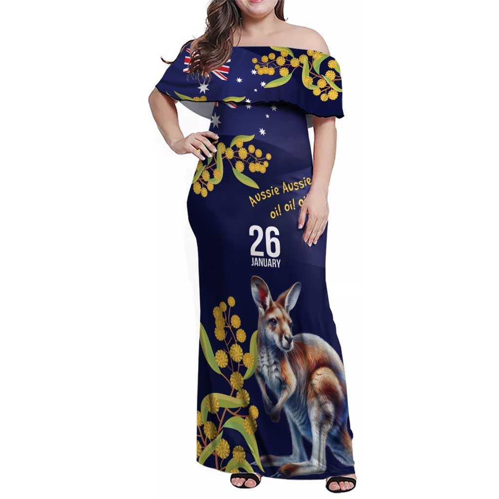 Blue Kangaroo and Golden Wattle Personalised Family Matching Off Shoulder Maxi Dress and Hawaiian Shirt Happy Australia Day 6 January