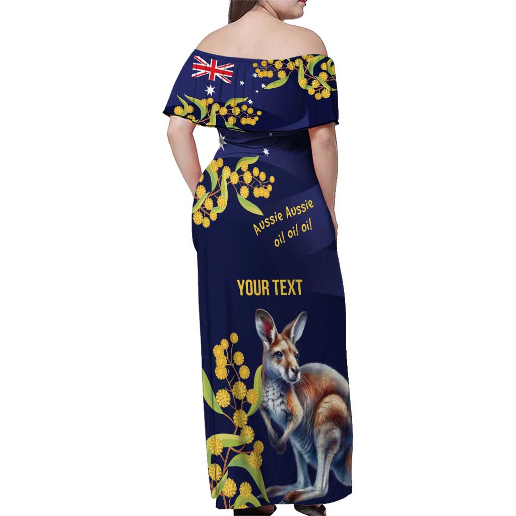 Blue Kangaroo and Golden Wattle Personalised Family Matching Off Shoulder Maxi Dress and Hawaiian Shirt Happy Australia Day 6 January