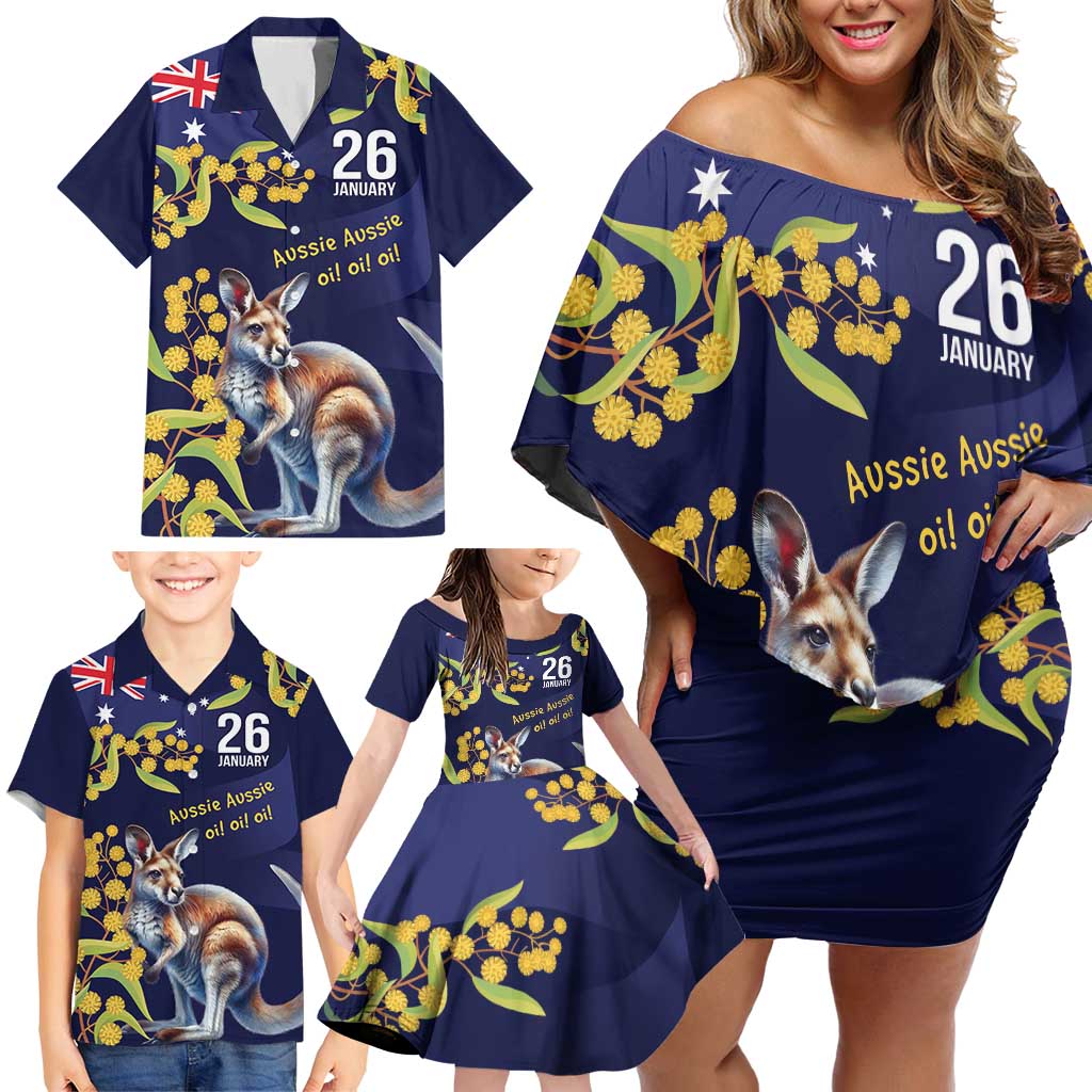 Blue Kangaroo and Golden Wattle Personalised Family Matching Off Shoulder Short Dress and Hawaiian Shirt Happy Australia Day 6 January