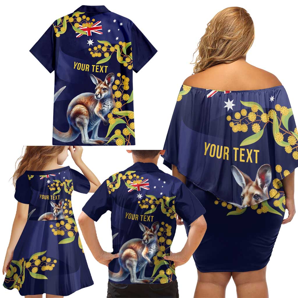 Blue Kangaroo and Golden Wattle Personalised Family Matching Off Shoulder Short Dress and Hawaiian Shirt Happy Australia Day 6 January