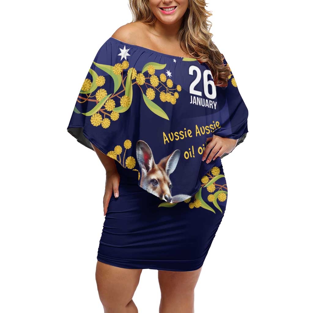 Blue Kangaroo and Golden Wattle Personalised Family Matching Off Shoulder Short Dress and Hawaiian Shirt Happy Australia Day 6 January