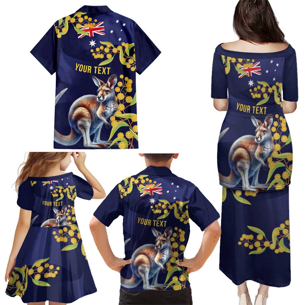 Blue Kangaroo and Golden Wattle Personalised Family Matching Puletasi and Hawaiian Shirt Happy Australia Day 6 January