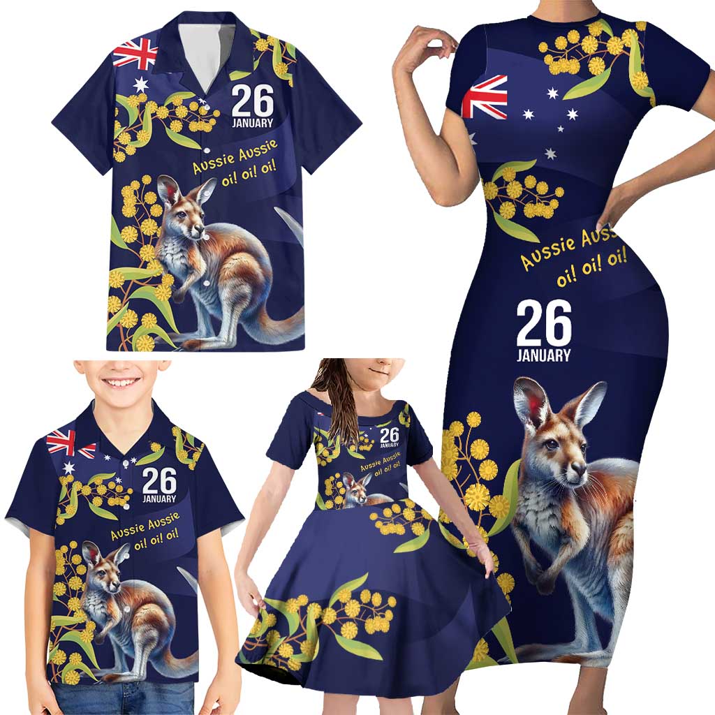 Blue Kangaroo and Golden Wattle Personalised Family Matching Short Sleeve Bodycon Dress and Hawaiian Shirt Happy Australia Day 6 January