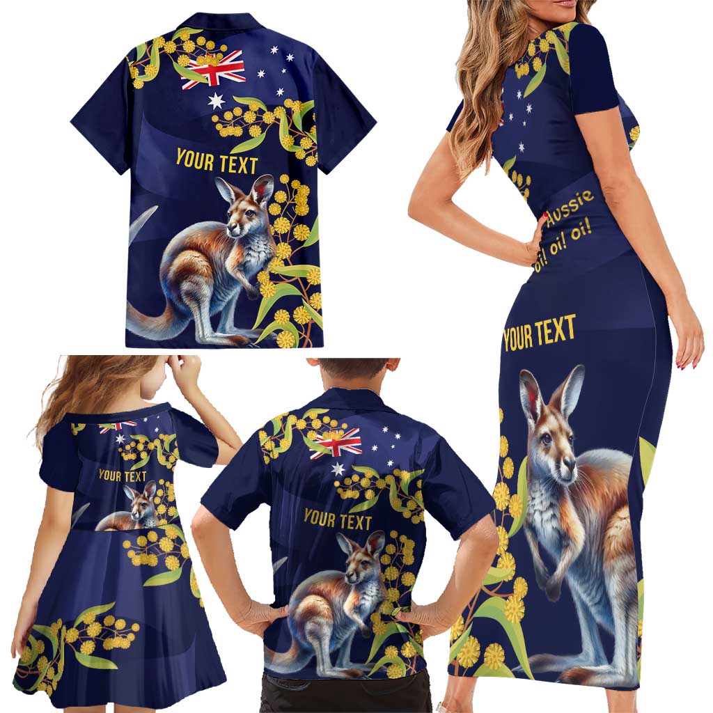 Blue Kangaroo and Golden Wattle Personalised Family Matching Short Sleeve Bodycon Dress and Hawaiian Shirt Happy Australia Day 6 January