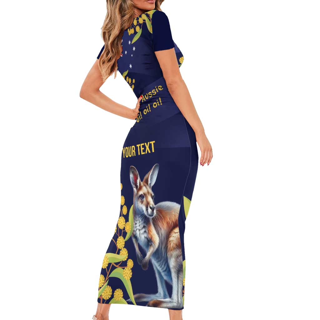 Blue Kangaroo and Golden Wattle Personalised Family Matching Short Sleeve Bodycon Dress and Hawaiian Shirt Happy Australia Day 6 January