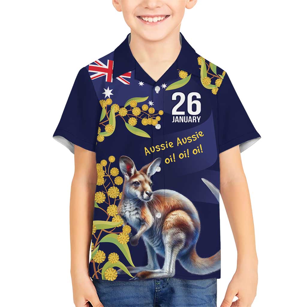 Blue Kangaroo and Golden Wattle Personalised Family Matching Short Sleeve Bodycon Dress and Hawaiian Shirt Happy Australia Day 6 January