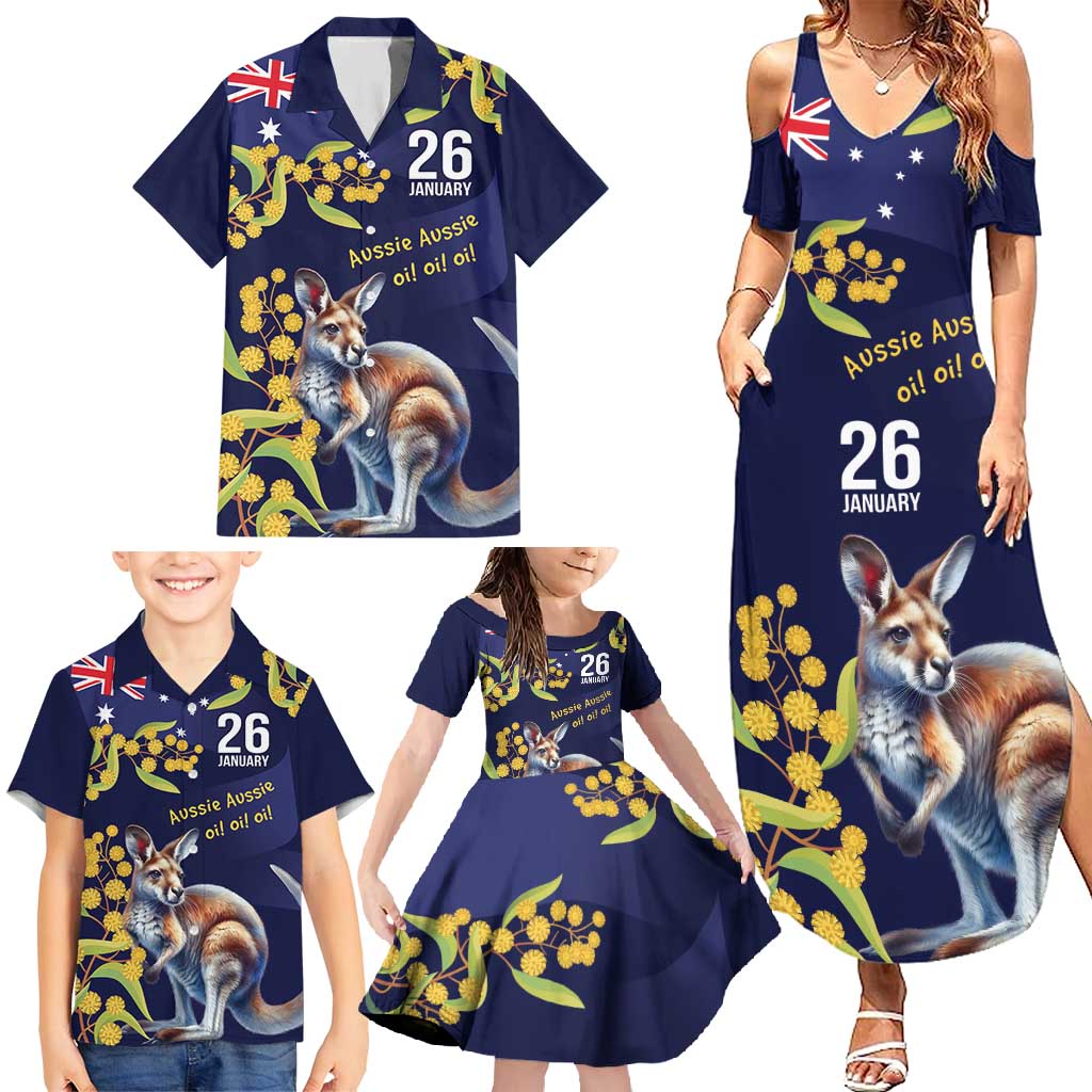 Blue Kangaroo and Golden Wattle Personalised Family Matching Summer Maxi Dress and Hawaiian Shirt Happy Australia Day 6 January