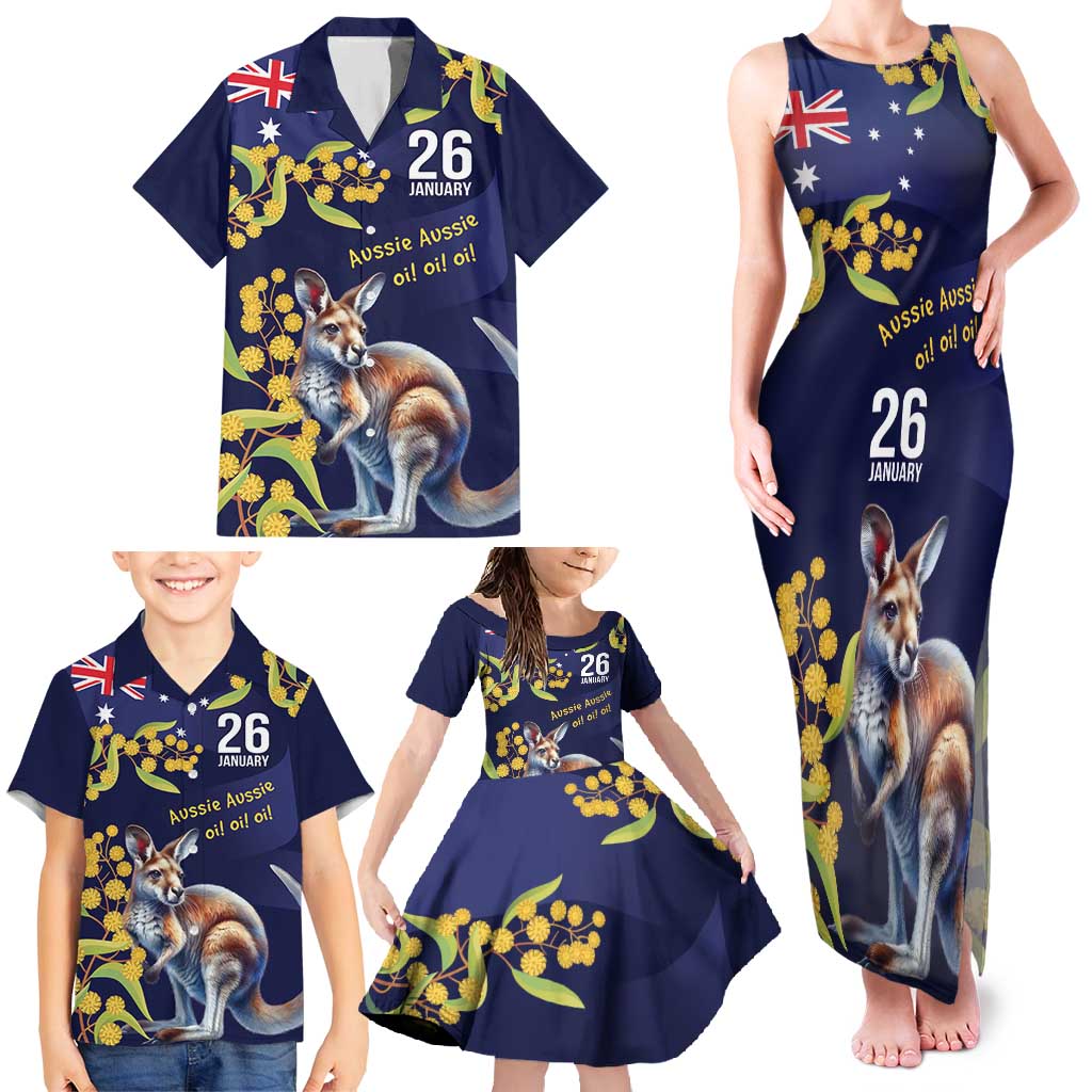 Blue Kangaroo and Golden Wattle Personalised Family Matching Tank Maxi Dress and Hawaiian Shirt Happy Australia Day 6 January