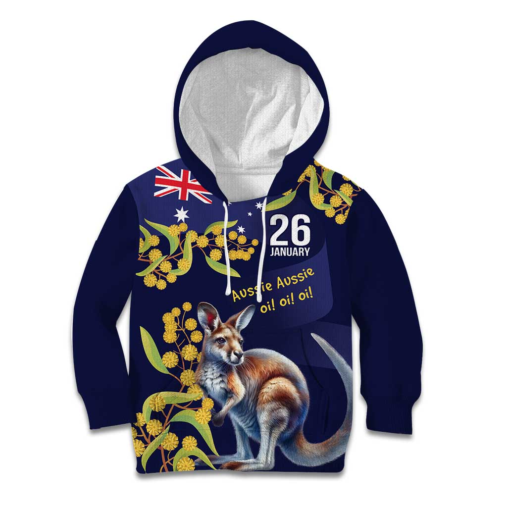 Blue Kangaroo and Golden Wattle Personalised Kid Hoodie Happy Australia Day 6 January - Vibe Hoodie Shop