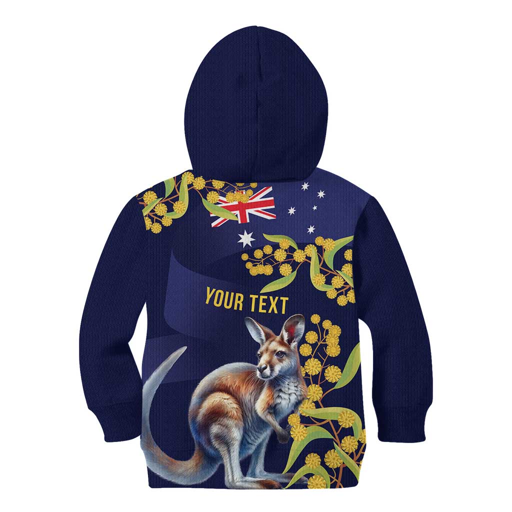 Blue Kangaroo and Golden Wattle Personalised Kid Hoodie Happy Australia Day 6 January - Vibe Hoodie Shop