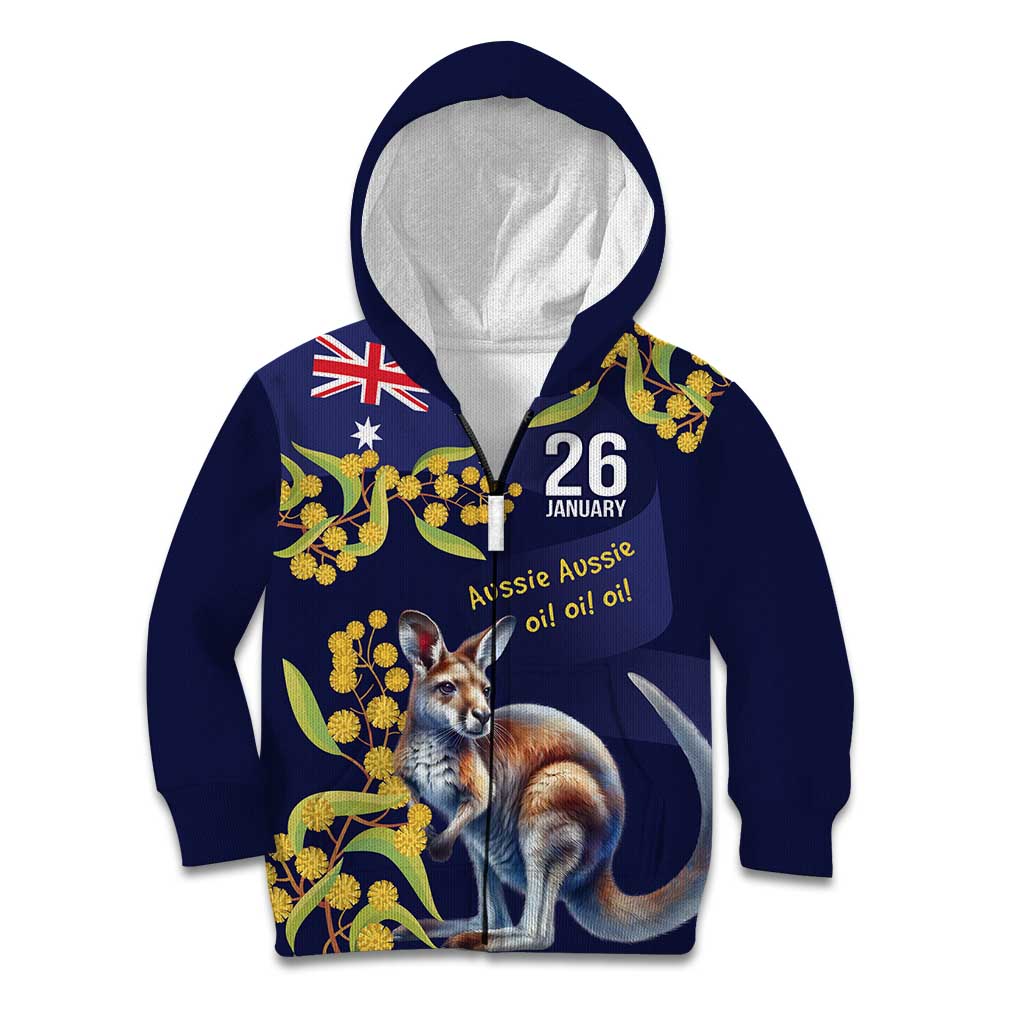 Blue Kangaroo and Golden Wattle Personalised Kid Hoodie Happy Australia Day 6 January - Vibe Hoodie Shop