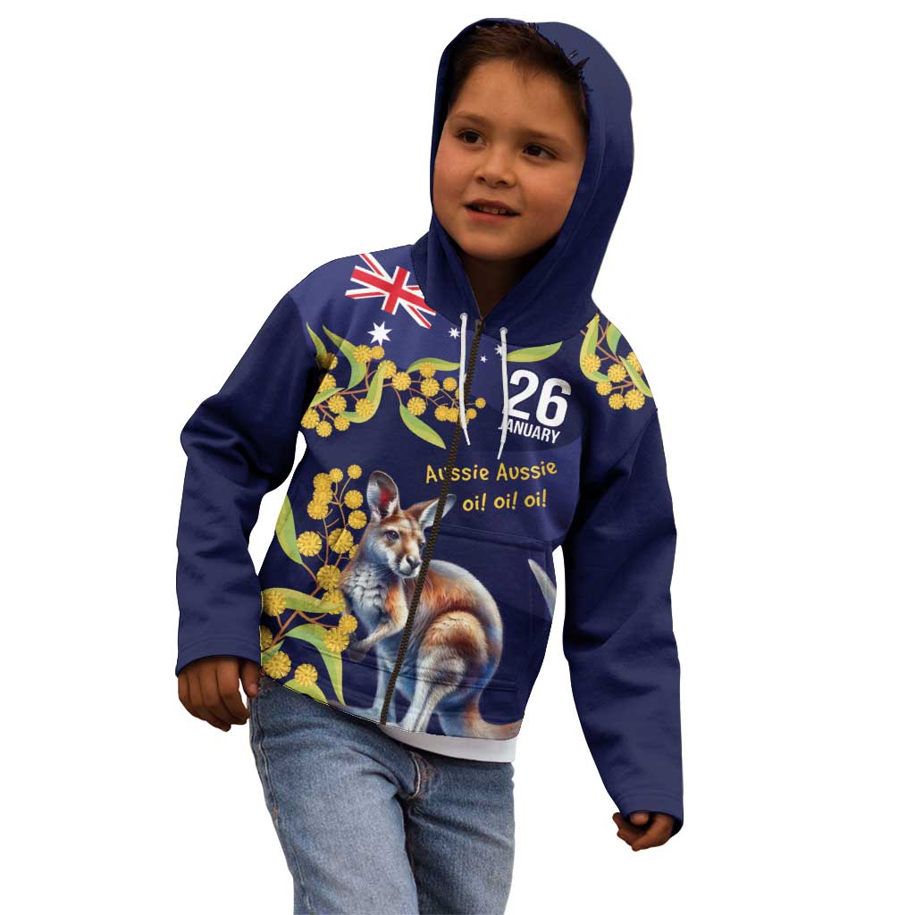 Blue Kangaroo and Golden Wattle Personalised Kid Hoodie Happy Australia Day 6 January - Vibe Hoodie Shop