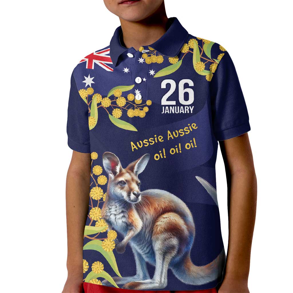 Blue Kangaroo and Golden Wattle Personalised Kid Polo Shirt Happy Australia Day 6 January - Vibe Hoodie Shop