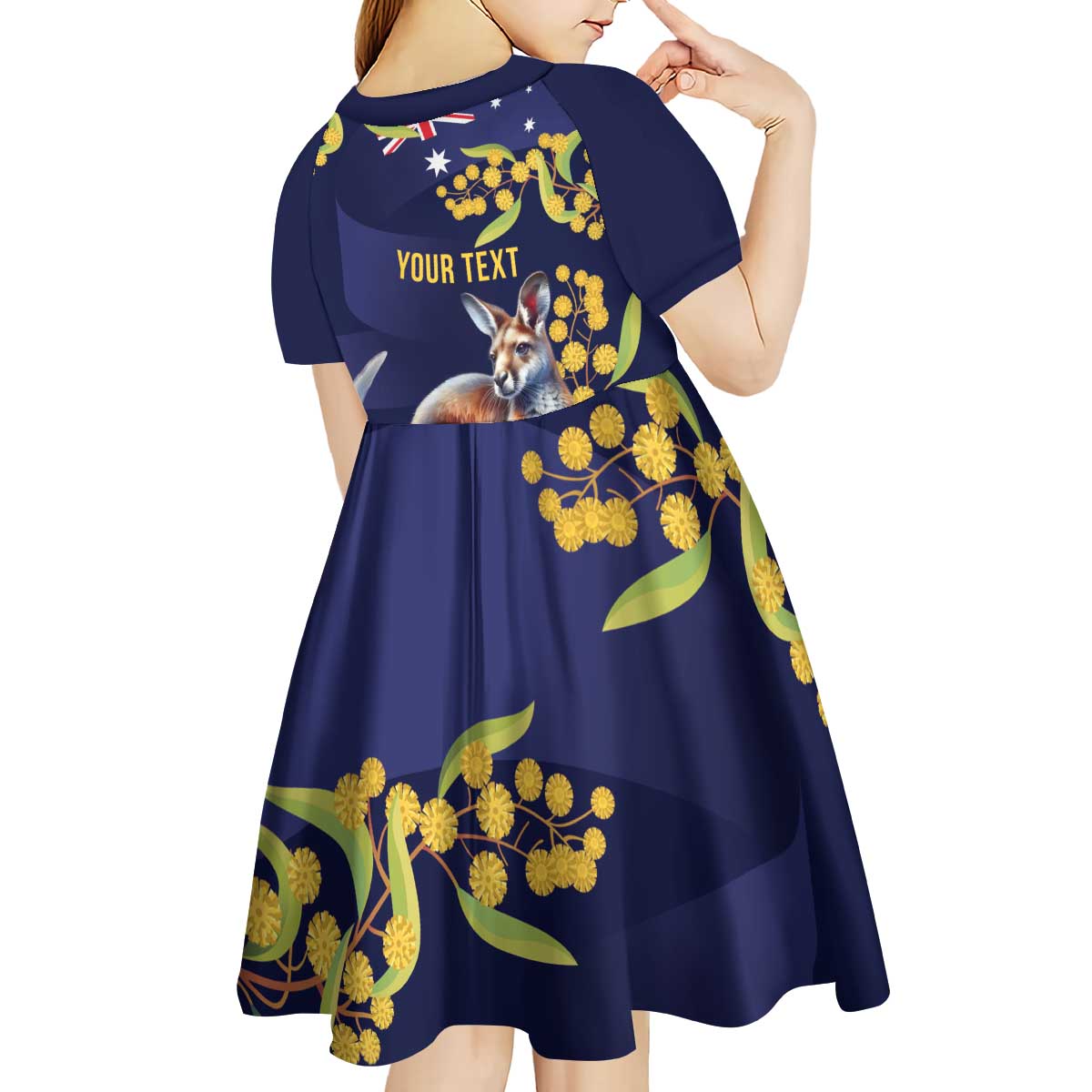 Blue Kangaroo and Golden Wattle Personalised Kid Short Sleeve Dress Happy Australia Day 6 January - Vibe Hoodie Shop