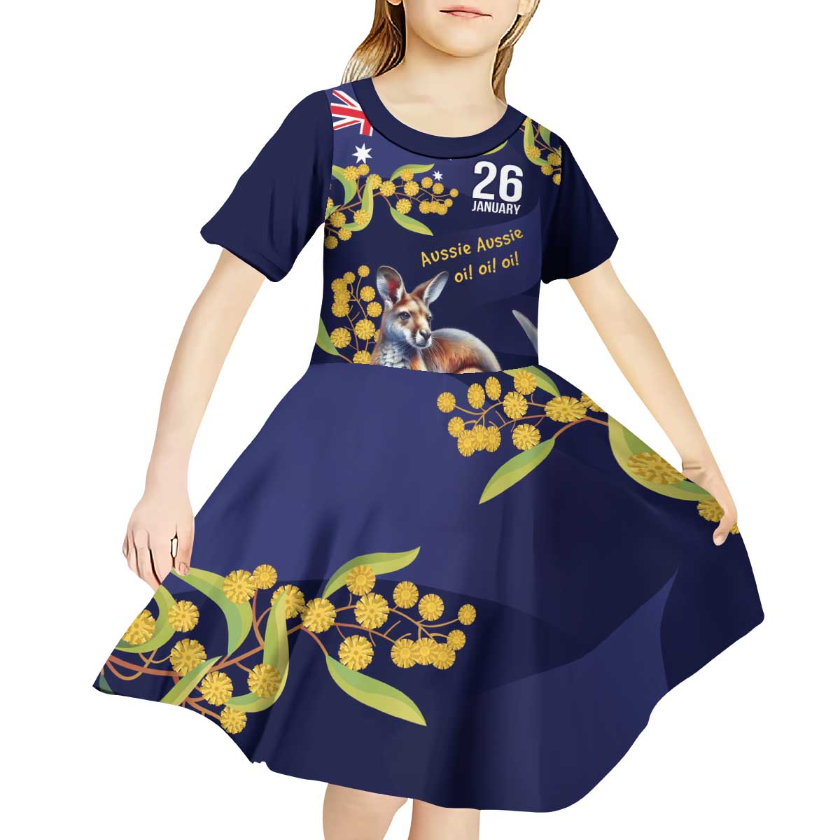 Blue Kangaroo and Golden Wattle Personalised Kid Short Sleeve Dress Happy Australia Day 6 January - Vibe Hoodie Shop