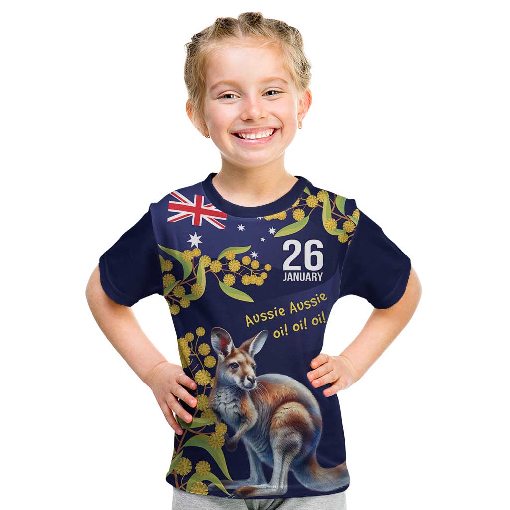 Blue Kangaroo and Golden Wattle Personalised Kid T Shirt Happy Australia Day 6 January - Vibe Hoodie Shop