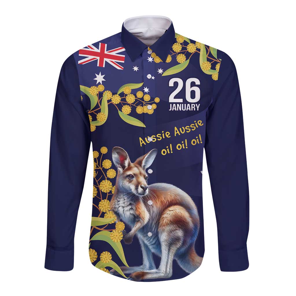 Blue Kangaroo and Golden Wattle Personalised Long Sleeve Button Shirt Happy Australia Day 6 January - Vibe Hoodie Shop