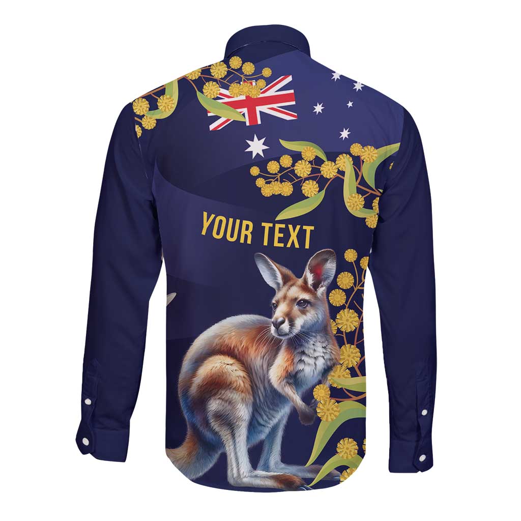 Blue Kangaroo and Golden Wattle Personalised Long Sleeve Button Shirt Happy Australia Day 6 January - Vibe Hoodie Shop