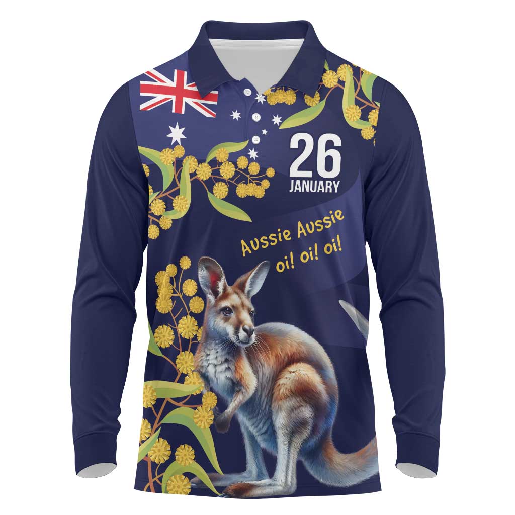 Blue Kangaroo and Golden Wattle Personalised Long Sleeve Polo Shirt Happy Australia Day 6 January