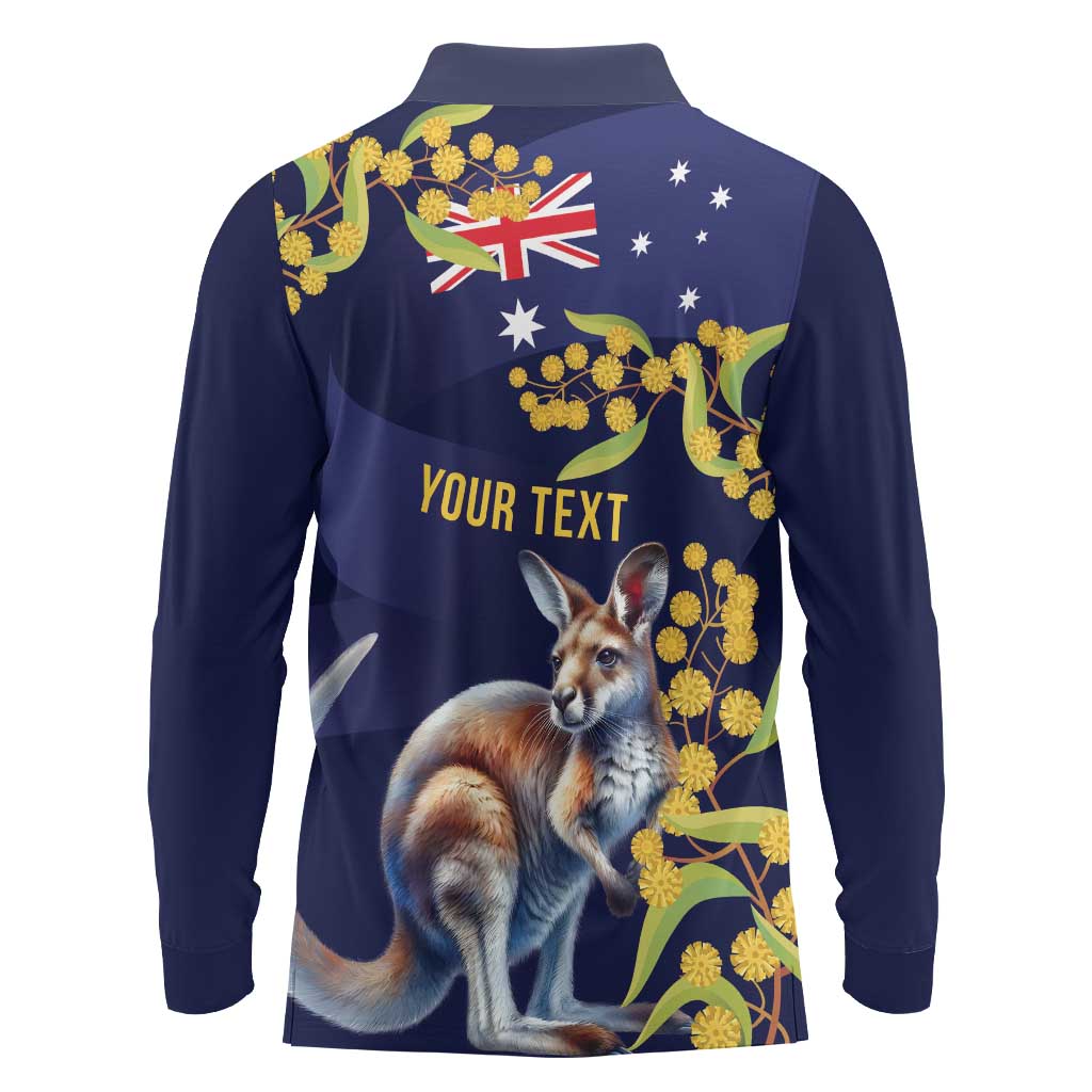 Blue Kangaroo and Golden Wattle Personalised Long Sleeve Polo Shirt Happy Australia Day 6 January