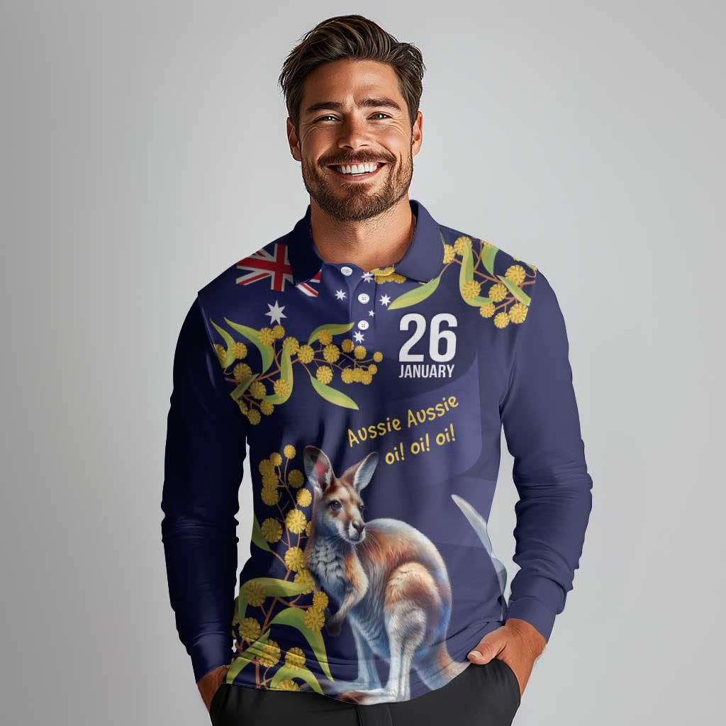 Blue Kangaroo and Golden Wattle Personalised Long Sleeve Polo Shirt Happy Australia Day 6 January