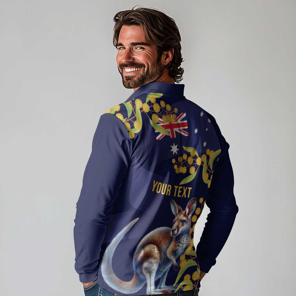 Blue Kangaroo and Golden Wattle Personalised Long Sleeve Polo Shirt Happy Australia Day 6 January