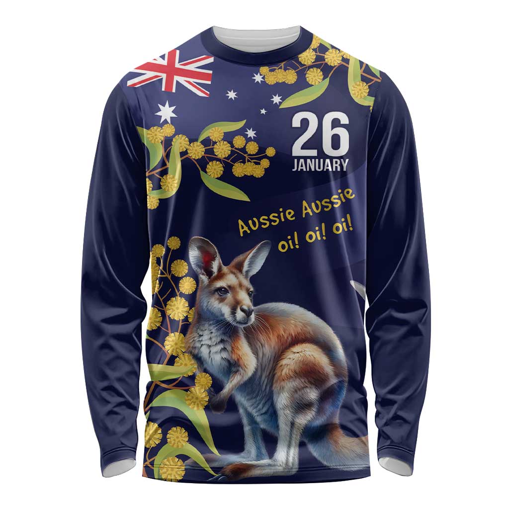 Blue Kangaroo and Golden Wattle Personalised Long Sleeve Shirt Happy Australia Day 6 January - Vibe Hoodie Shop