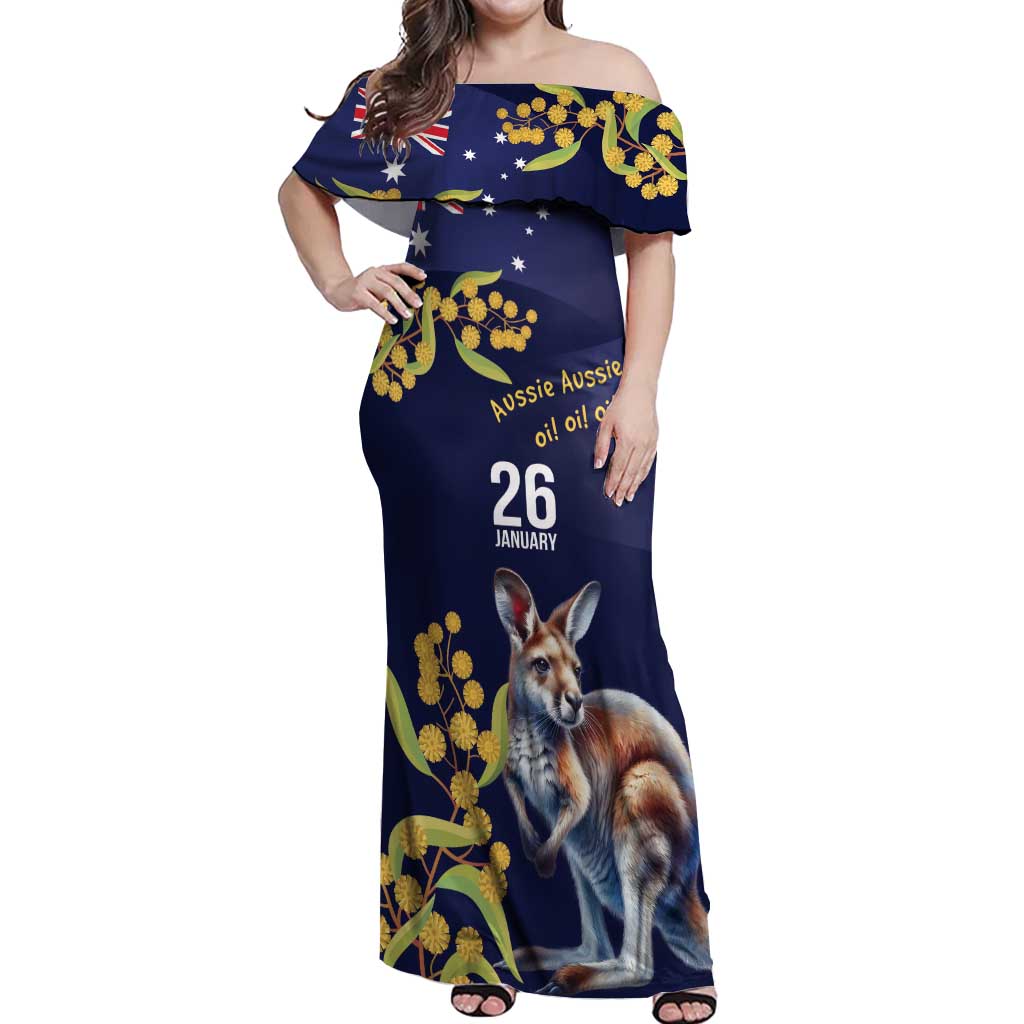 Blue Kangaroo and Golden Wattle Personalised Off Shoulder Maxi Dress Happy Australia Day 6 January