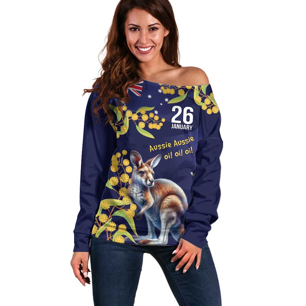 Blue Kangaroo and Golden Wattle Personalised Off Shoulder Sweater Happy Australia Day 6 January - Vibe Hoodie Shop