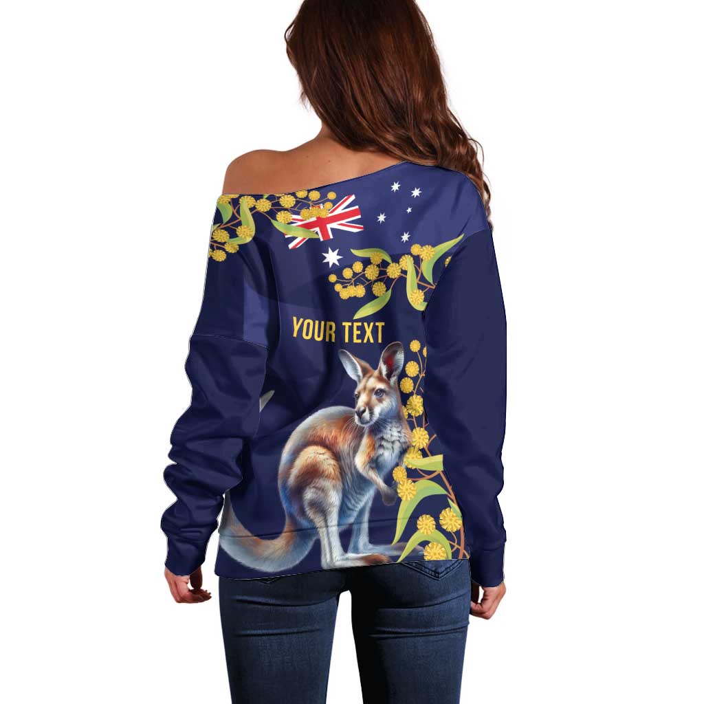 Blue Kangaroo and Golden Wattle Personalised Off Shoulder Sweater Happy Australia Day 6 January - Vibe Hoodie Shop