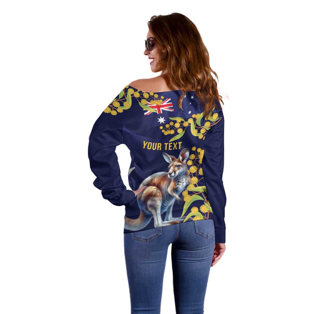 Blue Kangaroo and Golden Wattle Personalised Off Shoulder Sweater Happy Australia Day 6 January - Vibe Hoodie Shop