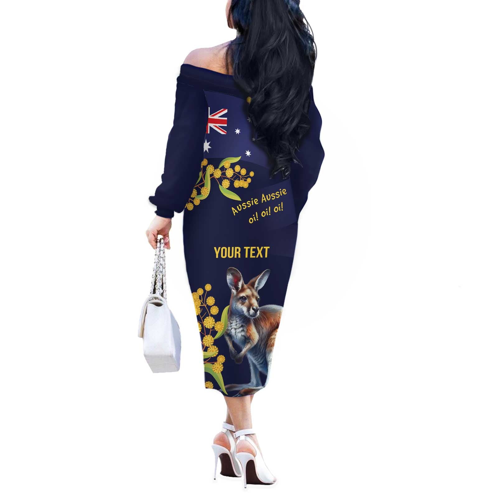 Blue Kangaroo and Golden Wattle Personalised Off The Shoulder Long Sleeve Dress Happy Australia Day 6 January