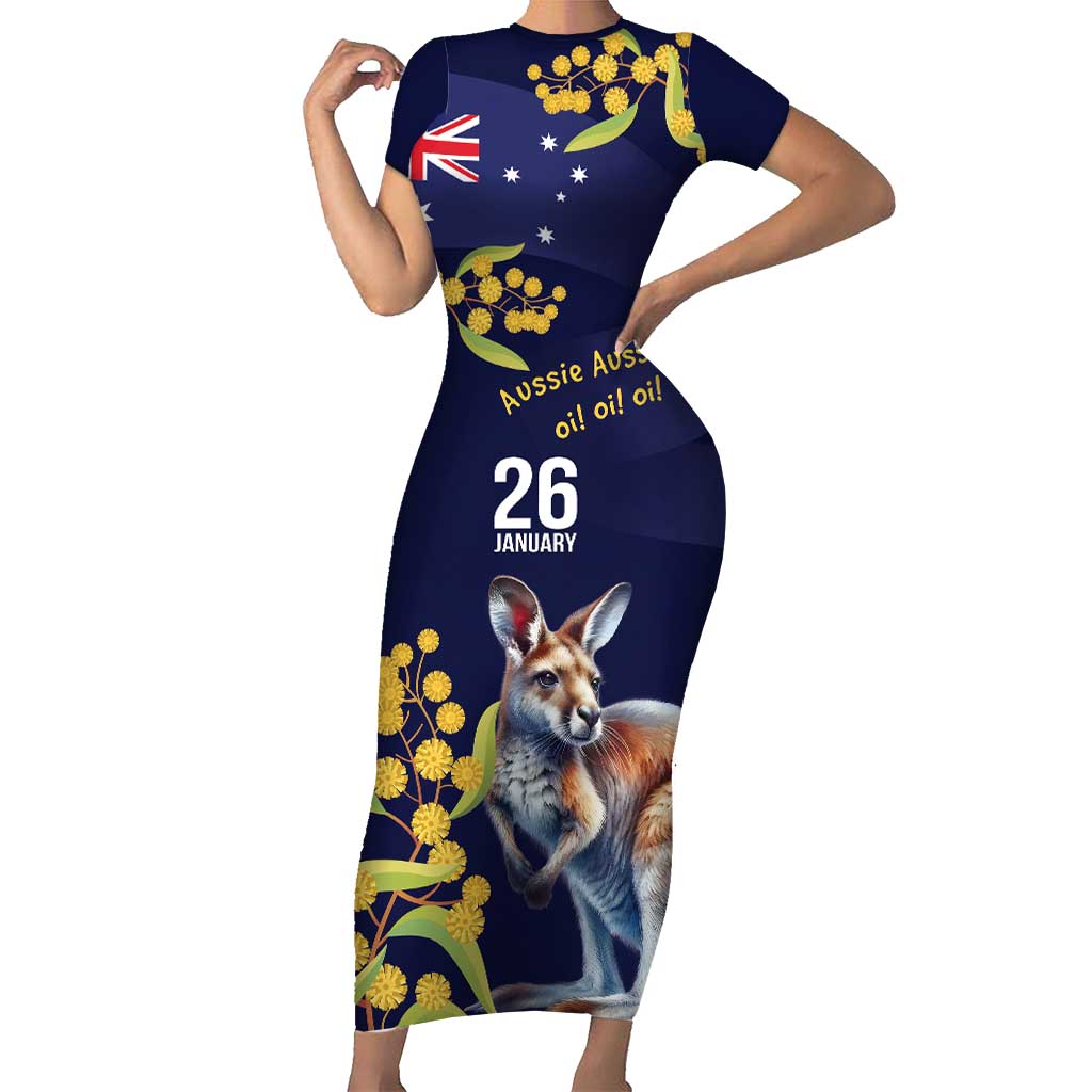 Blue Kangaroo and Golden Wattle Personalised Short Sleeve Bodycon Dress Happy Australia Day 6 January