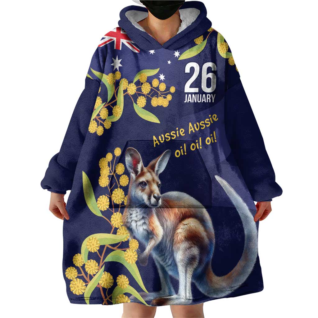 Blue Kangaroo and Golden Wattle Personalised Wearable Blanket Hoodie Happy Australia Day 6 January - Vibe Hoodie Shop