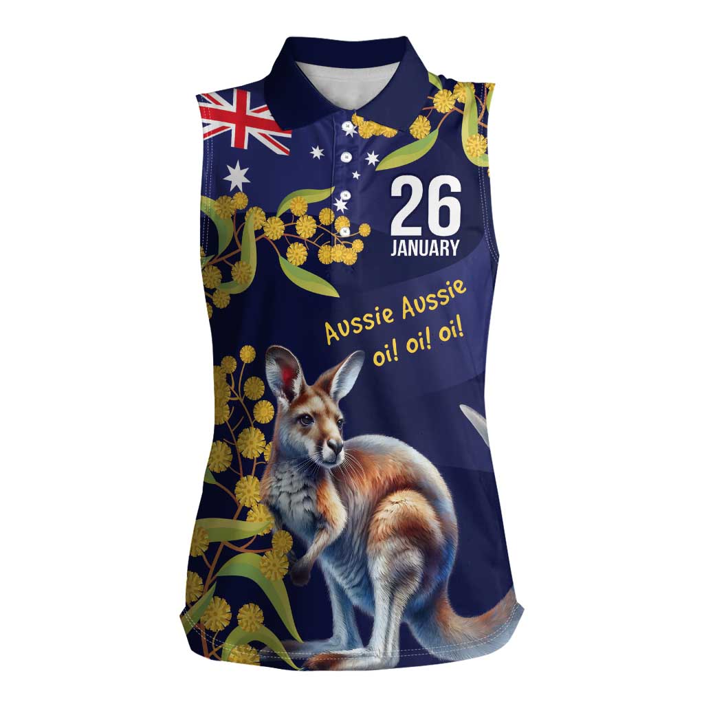 Blue Kangaroo and Golden Wattle Personalised Women Sleeveless Polo Shirt Happy Australia Day 6 January