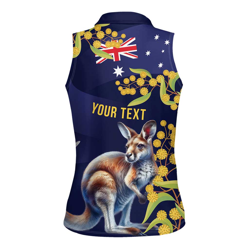 Blue Kangaroo and Golden Wattle Personalised Women Sleeveless Polo Shirt Happy Australia Day 6 January