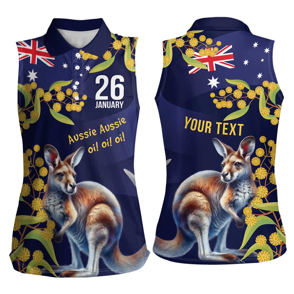 Blue Kangaroo and Golden Wattle Personalised Women Sleeveless Polo Shirt Happy Australia Day 6 January