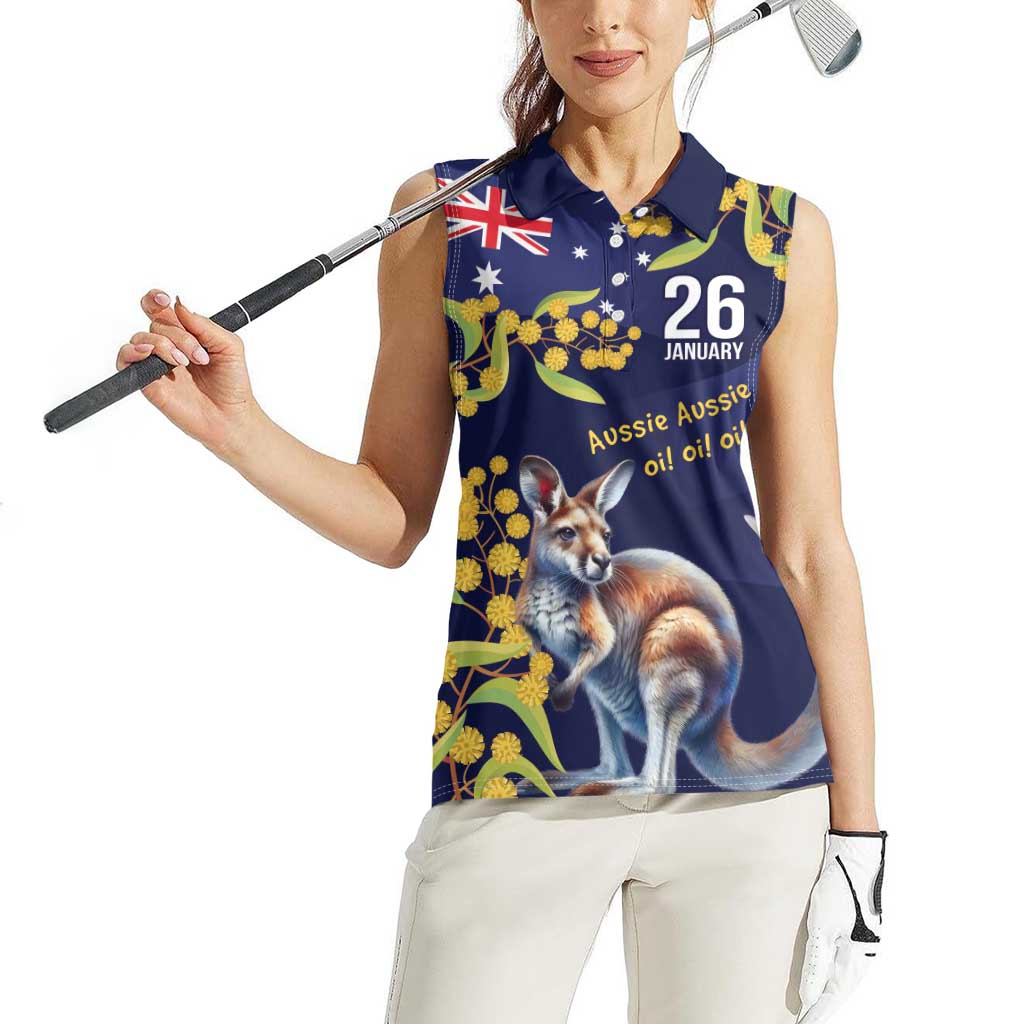 Blue Kangaroo and Golden Wattle Personalised Women Sleeveless Polo Shirt Happy Australia Day 6 January