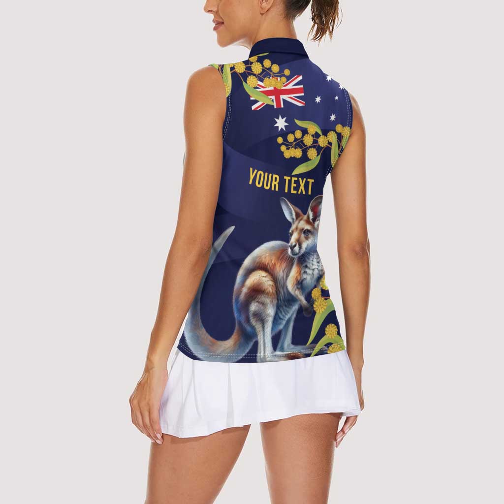 Blue Kangaroo and Golden Wattle Personalised Women Sleeveless Polo Shirt Happy Australia Day 6 January