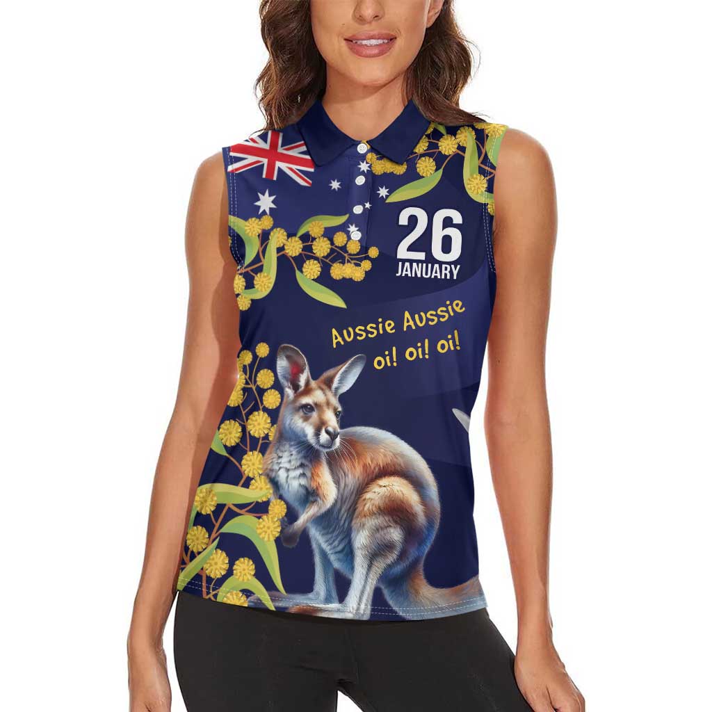 Blue Kangaroo and Golden Wattle Personalised Women Sleeveless Polo Shirt Happy Australia Day 6 January