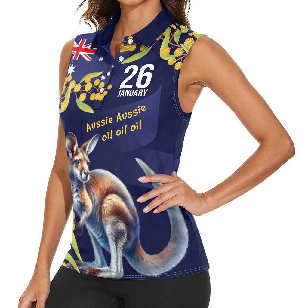 Blue Kangaroo and Golden Wattle Personalised Women Sleeveless Polo Shirt Happy Australia Day 6 January