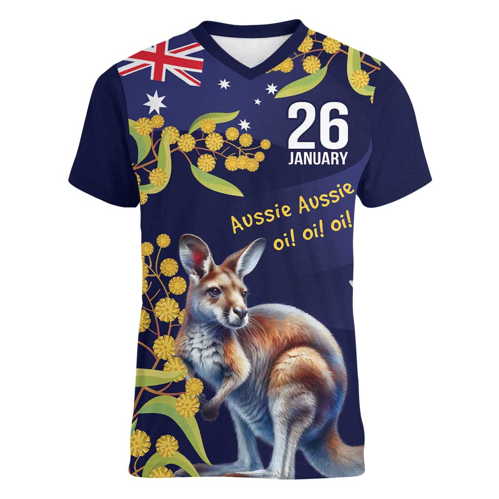 Blue Kangaroo and Golden Wattle Personalised Women V-Neck T-Shirt Happy Australia Day 6 January - Vibe Hoodie Shop