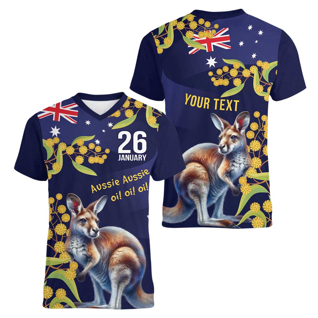 Blue Kangaroo and Golden Wattle Personalised Women V-Neck T-Shirt Happy Australia Day 6 January - Vibe Hoodie Shop