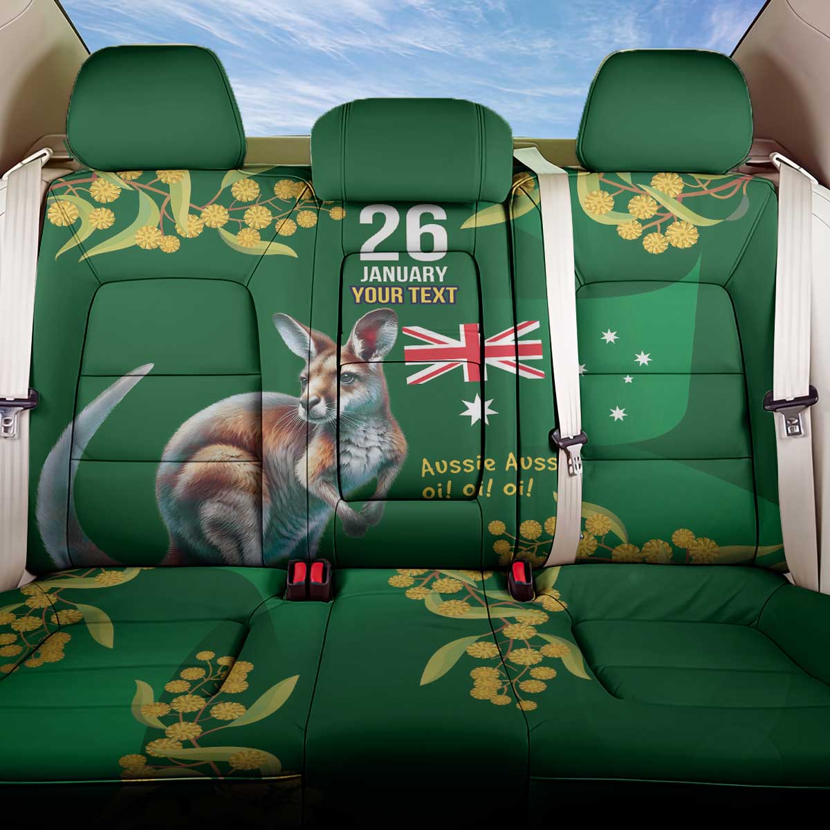 Green Kangaroo and Golden Wattle Personalised Back Car Seat Cover Happy Australia Day 6 January